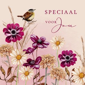 Sterktekaart herfstanemonen met vogeltje
