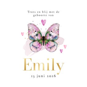 Stijlvol en lief geboortekaartje watercolor vlinder roze 