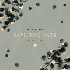 Stijlvol eucalyptus en goud save the date kaart waterverf