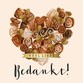 Stijlvol kaartje bedankt chocolade hart bonbons goud