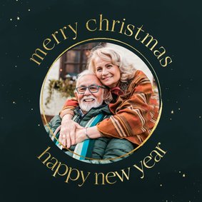 Stijlvol kerstkaartje met ronde tekst goudlook en foto
