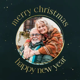 Stijlvol kerstkaartje met ronde tekst goudlook en foto