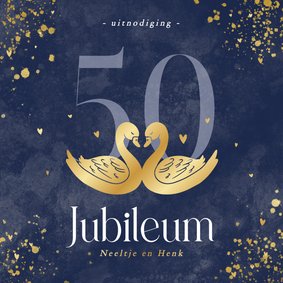 Stijlvolle blauwe 50 jubileum uitnodiging met gouden zwanen 