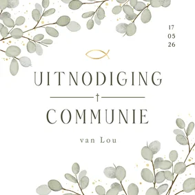 Stijlvolle communie uitnodiging wit met Eucalyptus takjes