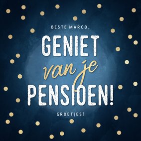 Stijlvolle felicitatiekaart pensioen blauw & gouden confetti