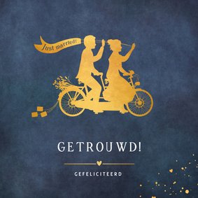 Stijlvolle felicitatiekaart trouwen gouden silhouet tandem