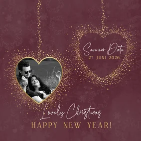 Stijlvolle foto kerst save the date kaart kerstbal hartjes
