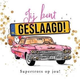 Stijlvolle geslaagdkaart rijbewijs auto confetti goud
