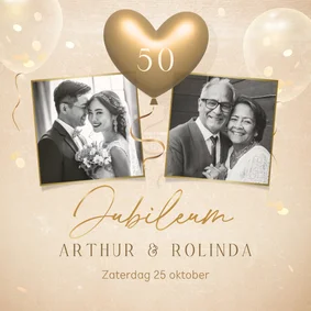 Stijlvolle jubileum uitnodiging met foto's en hartjes ballon