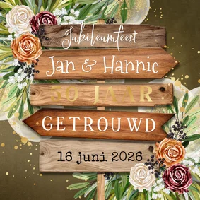 Stijlvolle jubileumkaart 50jaar getrouwd wegwijzer botanisch