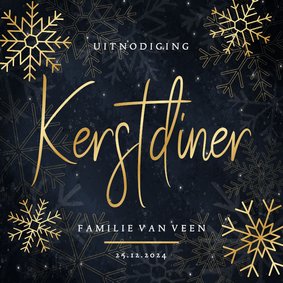 Stijlvolle kerstdiner uitnodiging gouden sneeuwvlokken