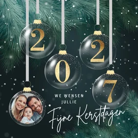 Stijlvolle kerstkaart 2027 kerstballen en foto