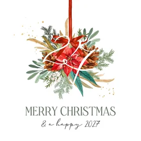 Stijlvolle kerstkaart botanische bladeren strik jaartal goud