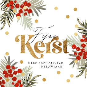 Stijlvolle kerstkaart botanische kersttakken stippen goud