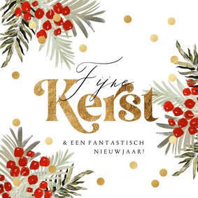 Stijlvolle kerstkaart botanische kersttakken stippen goud