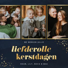 Stijlvolle kerstkaart donkerblauw fotocollage goud