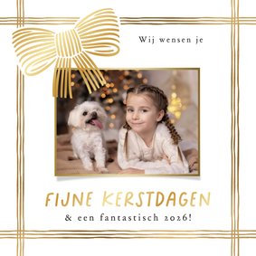 Stijlvolle kerstkaart foto lint strikken lijntekening goud