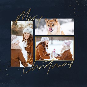 Stijlvolle kerstkaart met fotocollage en gouden spetters