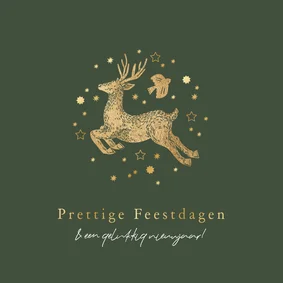 Stijlvolle kerstkaart rendier vogel sterren goudfolie
