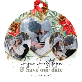 Stijlvolle kerstkaart save the date botanisch harten goud