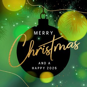 Stijlvolle kerstkaart sfeer kerstbal lichtjes groen