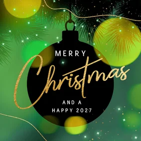 Stijlvolle kerstkaart sfeer kerstbal lichtjes groen