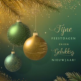 Stijlvolle kerstkaart sprankelend groen goud 3d kerstballen