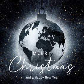Stijlvolle kerstkaart stoere wereldbol kerstbal