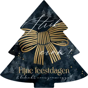 Stijlvolle kerstkaart strik erom goud kerstboomvorm