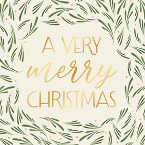 Stijlvolle kerstkaart takjes very merry christmas goud