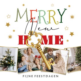 Stijlvolle kerstverhuiskaart collage Merry New Home sleutel 