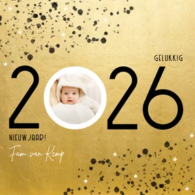 Stijlvolle nieuwjaarskaart 2026 goudlook spetters en foto