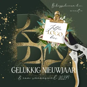 Stijlvolle nieuwjaarskaart botanisch groen jaartal goud