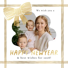 Stijlvolle nieuwjaarskaart linten strik lijntekening goud