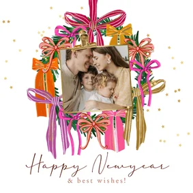 Stijlvolle nieuwjaarskaart strikken kleurrijk ster goud foto