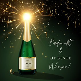 Stijlvolle nieuwjaarskaart zakelijk champagnefles met logo