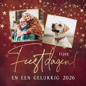 Stijlvolle rode kerstkaart met 2 foto's en gouden sterren