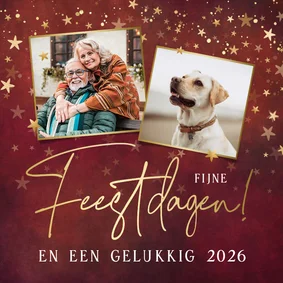 Stijlvolle rode kerstkaart met 2 foto's en gouden sterren