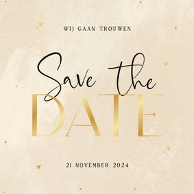 Stijlvolle save the date beige steenlook hartjes stipjes