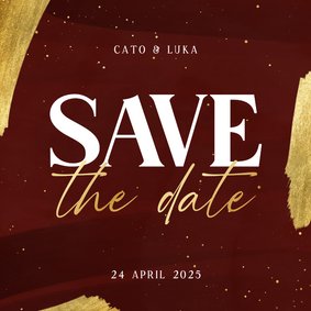 Stijlvolle save the date kaart met gouden spetters verf rood