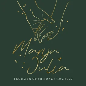 Stijlvolle trouwkaart lijnillustratie handen hartjes goud