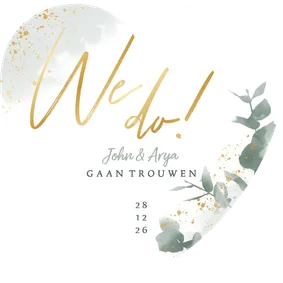 Stijlvolle trouwkaart waterverf eucalyptus & gouden spetters