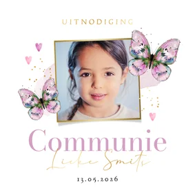 Stijlvolle uitnodiging communie waterverf vlinder goud foto