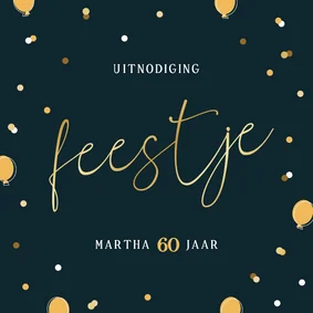 Stijlvolle uitnodiging feestje blauw confetti ballonnetjes