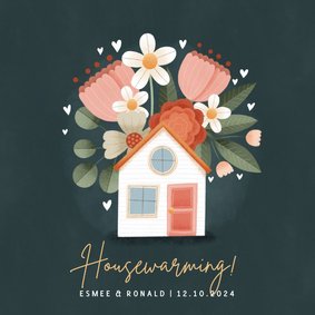 Stijlvolle uitnodiging housewarming met huisje en bloemen