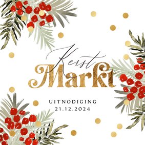 Stijlvolle uitnodiging kerstmarkt botanische takken goud