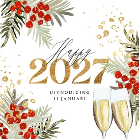 Stijlvolle uitnodiging nieuwjaarsborrel botanisch goud