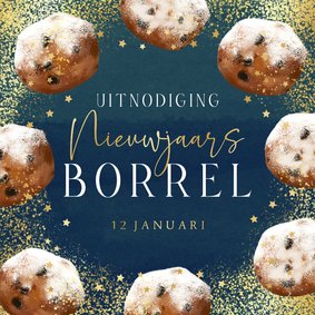 Stijlvolle uitnodiging oliebollen nieuwjaarsborrel ster goud