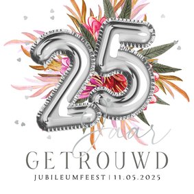 Stijlvolle uitnodigingskaart jubileum 25 jaar zilver bloemen