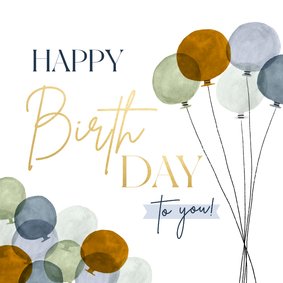 Stijlvolle verjaardagskaart happy birthday goud en ballonnen